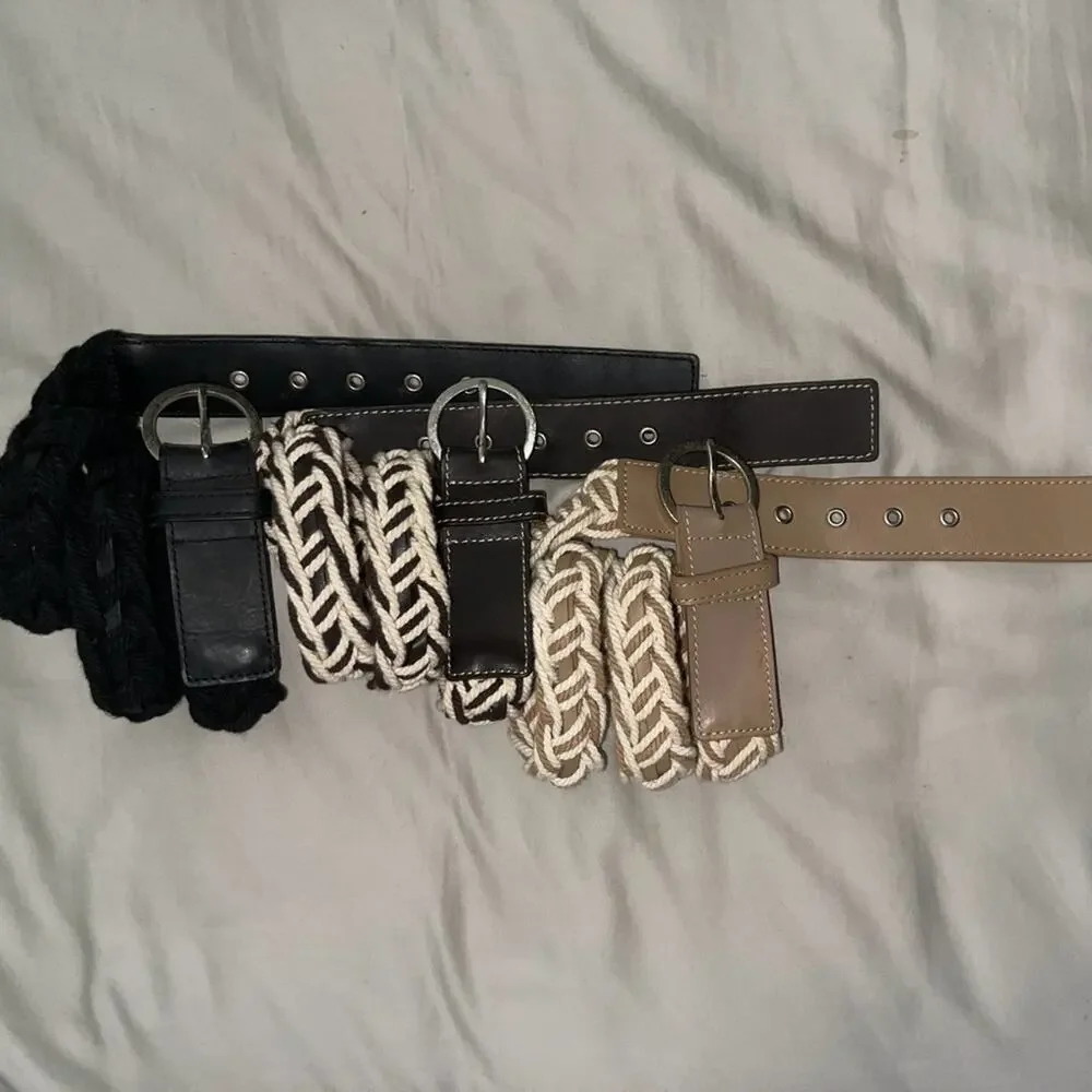 Talbots 3 Belt Lot Size 34 M/L Woven Leather Boho Black Beige Brown White